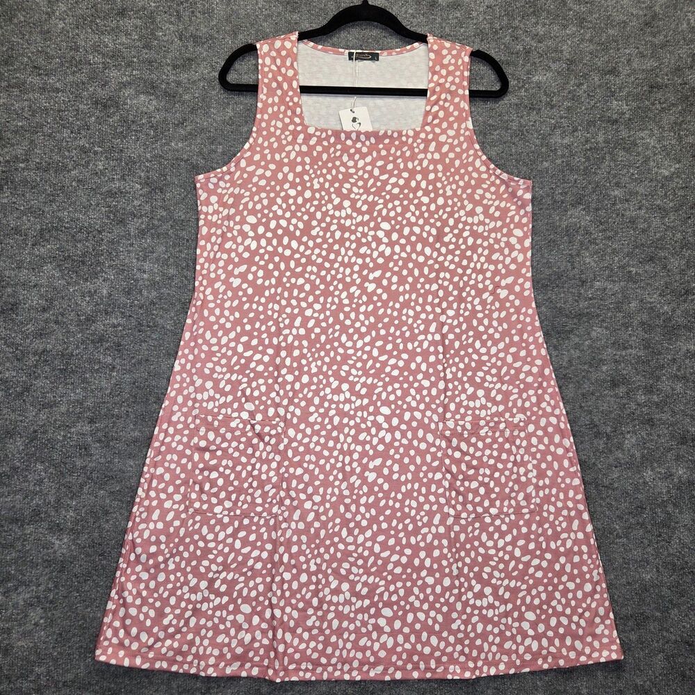 Dress Womens Large Pink White Spot Print Sleeveless Tank A-Line Pockets Stretch